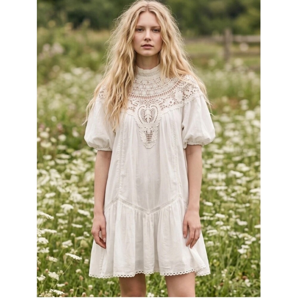 Anthropologie Cream Lace Yoke Mini Dress